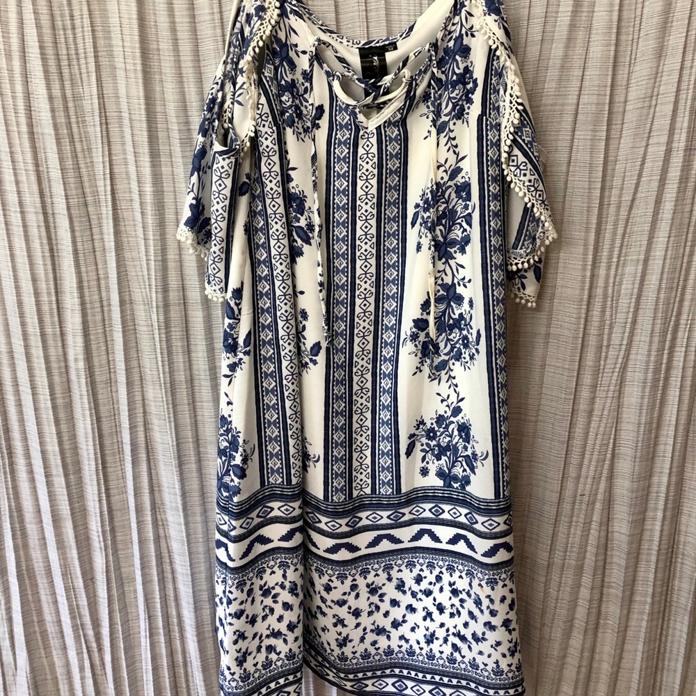 Detailed White and Blue Dress